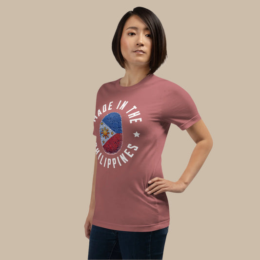 Made in the Philippines Graphic Tee featuring a fingerprint design in the colors of the Philippine flag, symbolizing Filipino identity and national pride.