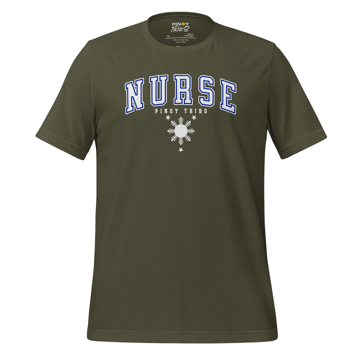 T-shirt with 'Nurse' in collegiate-style text, the words 'Pinoy Tribo,' and a Filipino sun and stars design, part of PINOY TRIBO™'s Filipino-inspired apparel collection.