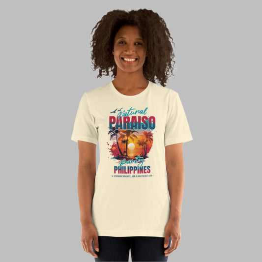 Paraiso Philippines Graphic Tee featuring a tropical sunset, palm trees, and ocean waves, celebrating the natural beauty of the Philippines and Filipino island life.