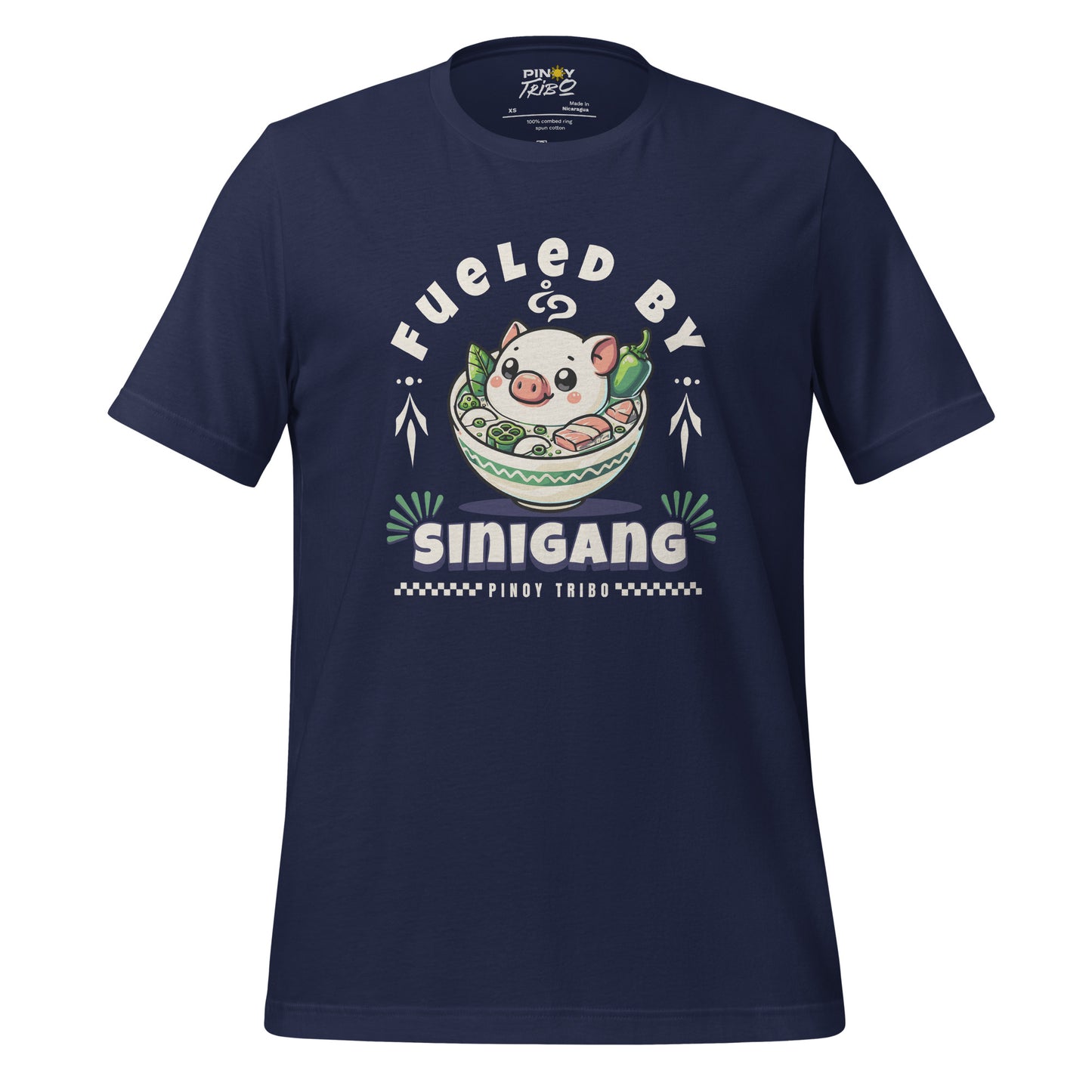 T-shirt featuring 'Fueled by Sinigang' graphic with an adorable pig in a bowl of Sinigang, part of PINOY TRIBO™'s Filipino-inspired apparel collection.