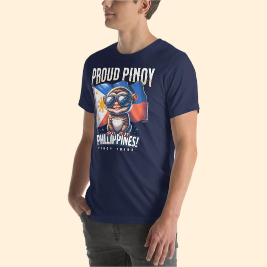 Proud Pinoy Philippines graphic t-shirt featuring a tarsier with sunglasses, standing in front of the Philippine flag, representing Filipino pride and culture.