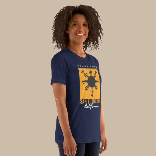 San Francisco California Filipino Sun graphic t-shirt featuring the Philippine sun and three stars in a minimalist, bold design representing Filipino heritage and Pinoy pride.