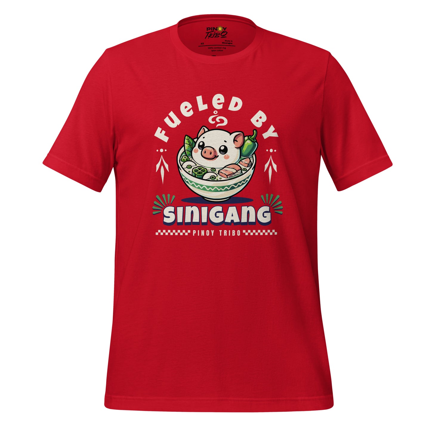 T-shirt featuring 'Fueled by Sinigang' graphic with an adorable pig in a bowl of Sinigang, part of PINOY TRIBO™'s Filipino-inspired apparel collection.