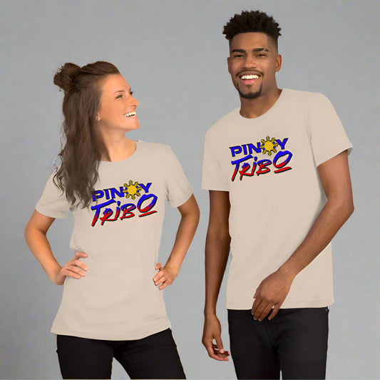 Pinoy Tribo logo graphic t-shirt featuring bold text with a Philippine sun emblem, inspired by the colors of the Philippine flag.
