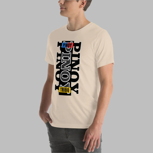 Pinoy Tribo vertical graphic t-shirt with bold outlined text and Philippine flag-inspired accents, celebrating Filipino pride and culture."