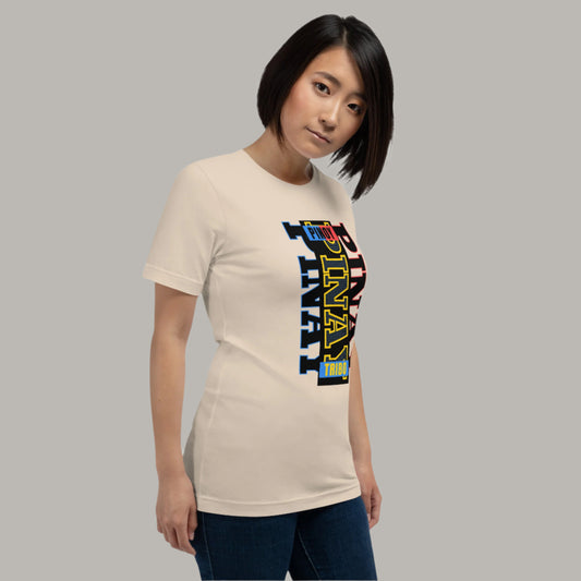 Pinay Vertical Tri-Color graphic t-shirt featuring bold typography in red, blue, and yellow, inspired by the Philippine flag and Filipino pride.