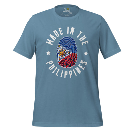 Made in the Philippines Graphic Tee featuring a fingerprint design in the colors of the Philippine flag, symbolizing Filipino identity and national pride.