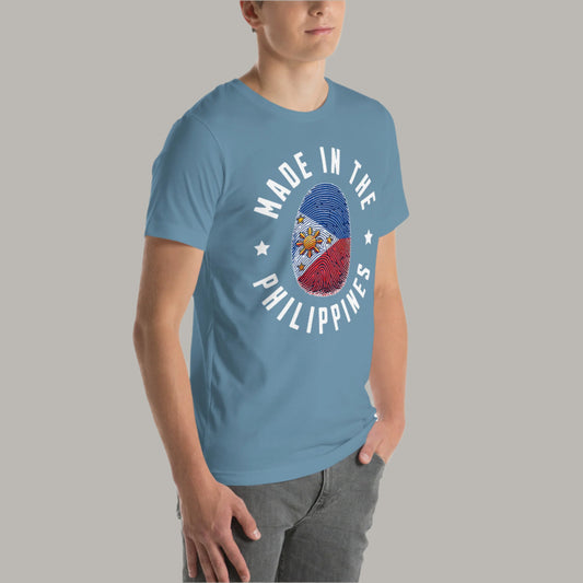 Made in the Philippines Graphic Tee featuring a fingerprint design in the colors of the Philippine flag, symbolizing Filipino identity and national pride.
