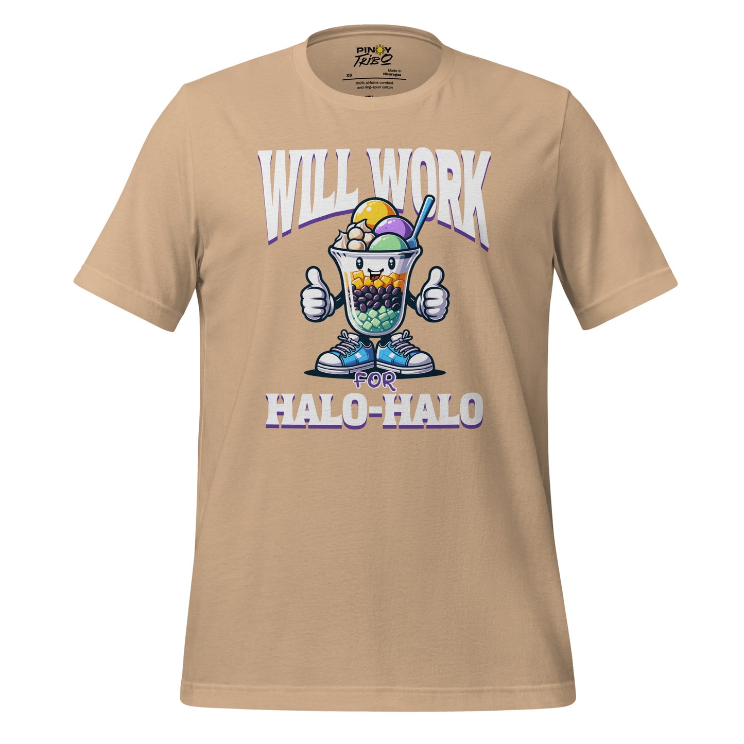 Will Work for Halo-Halo graphic t-shirt featuring a cute, smiling halo-halo dessert character with sneakers and thumbs up, styled in a fun and colorful Filipino-inspired design.