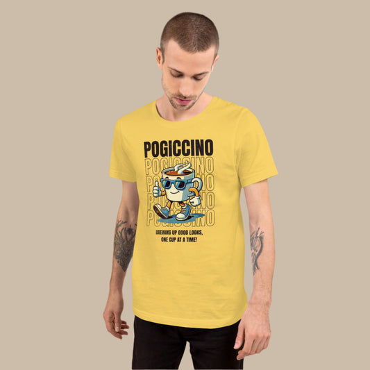 Pogiccino coffee graphic t-shirt featuring a cool coffee cup character wearing sunglasses, blending Filipino humor, coffee culture, and Pinoy pride.