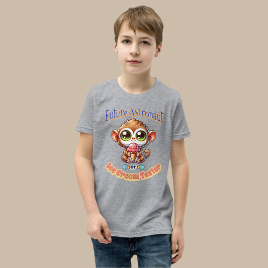 Cute cartoon Philippine tarsier named Taro holding an ice cream cone with “Future Astronaut or Ice Cream Tester” text on a youth t-shirt design.