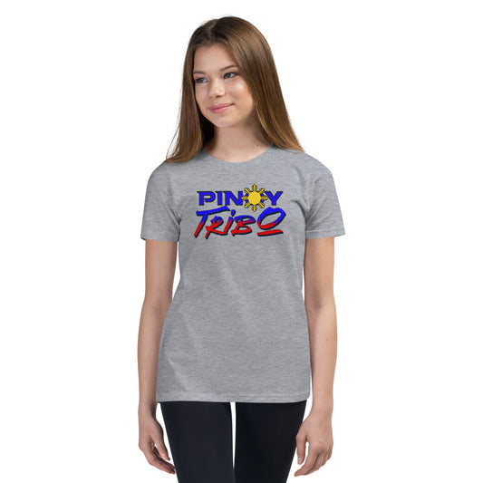 Pinoy Tribo logo in blue, red, and yellow with a sun icon, featured on a youth t-shirt design.