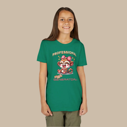 Cute cartoon Philippine tarsier named Tara with a big bow, smiling and laughing, with “Professional Giggle Generator” text on a youth t-shirt design.