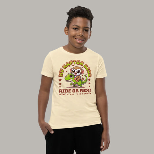Cute cartoon Philippine tarsier riding a green dinosaur with stars and the text “My Raptor Ride, Ride or Rex!” on a youth t-shirt design.