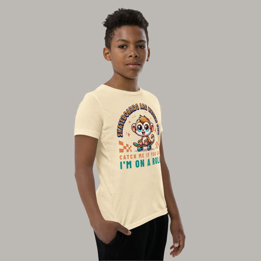 Cute cartoon Philippine tarsier riding a skateboard with playful text “Skateboards Are Wheely Fun,” “Catch Me If You Can,” and “I’m On a Roll” on a youth t-shirt design.