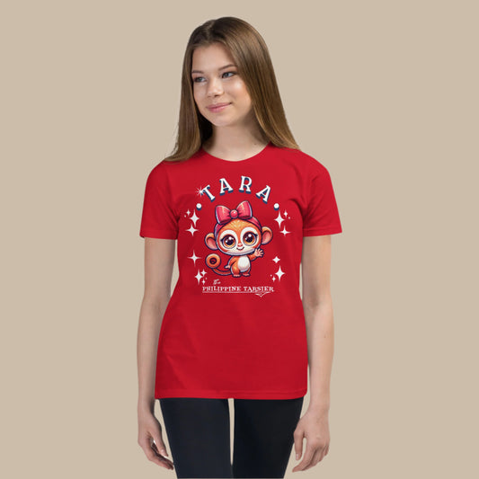 Tara the Philippine Tarsier youth tee featuring a cute tarsier with a bow and sparkles, designed for PINOY TRIBO™.