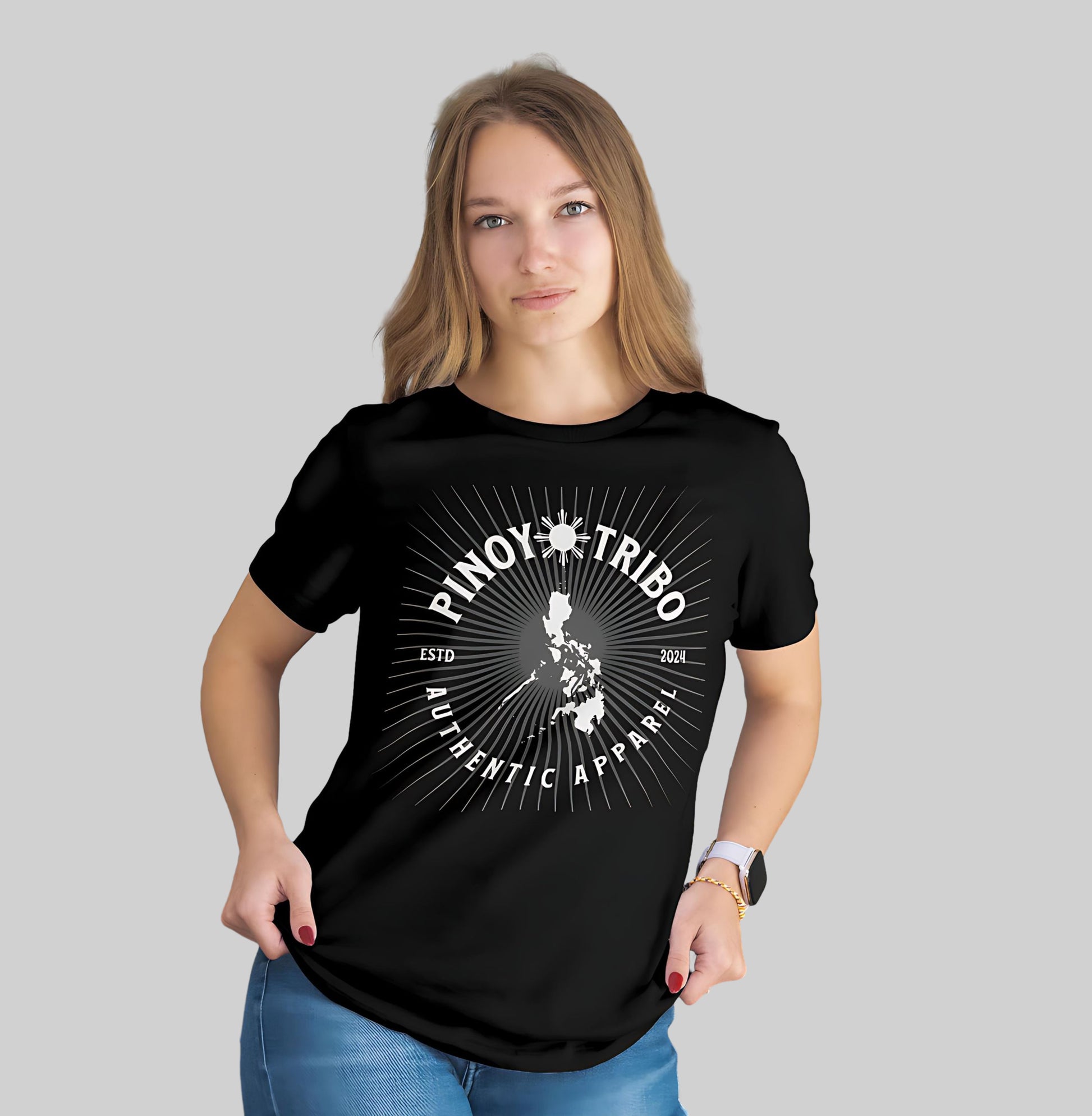 PINOY TRIBO tee design with a sunburst background, Philippines map in the center, and bold text reading Authentic Apparel ESTD 2024.