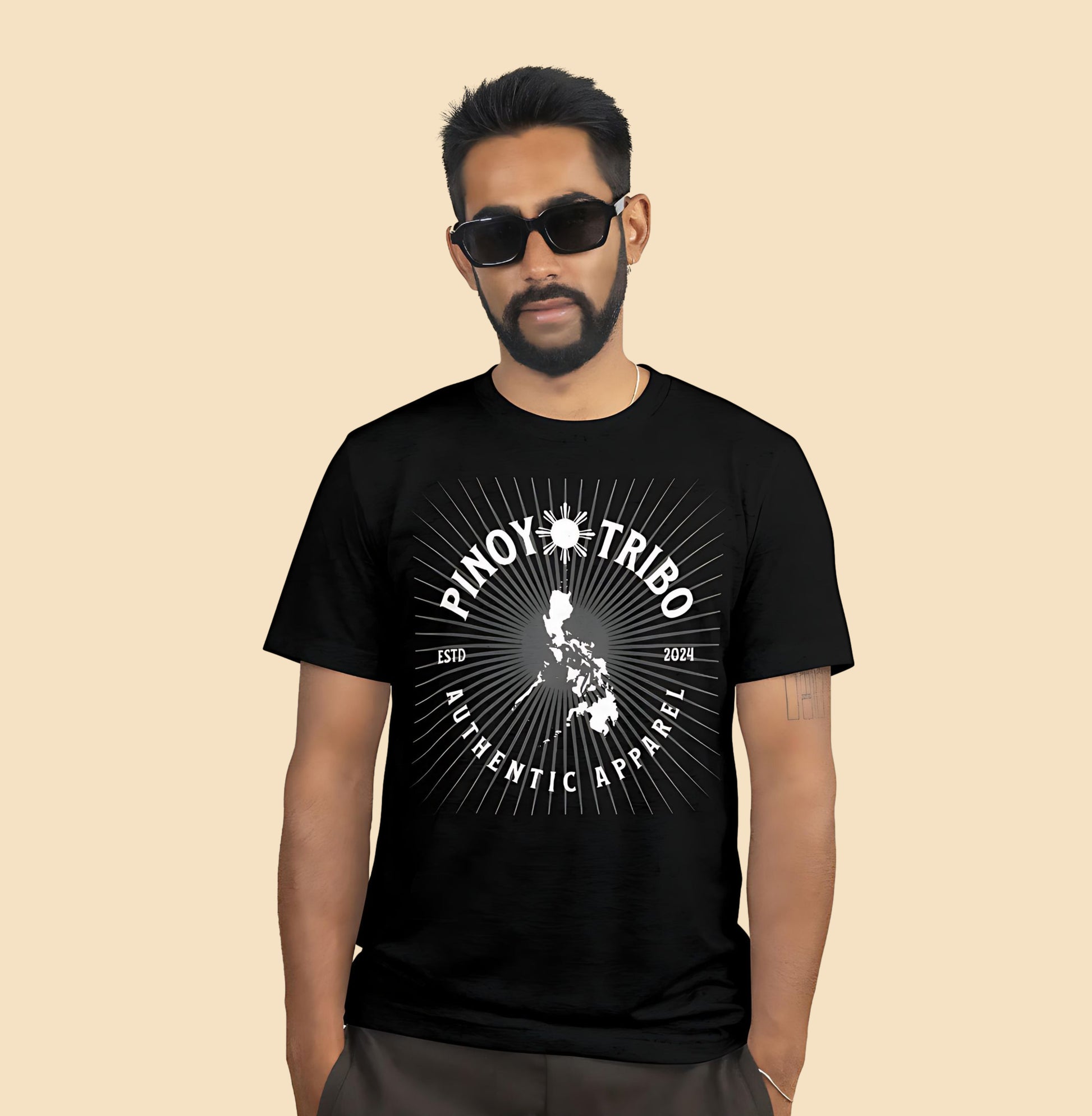 PINOY TRIBO tee design with a sunburst background, Philippines map in the center, and bold text reading Authentic Apparel ESTD 2024.