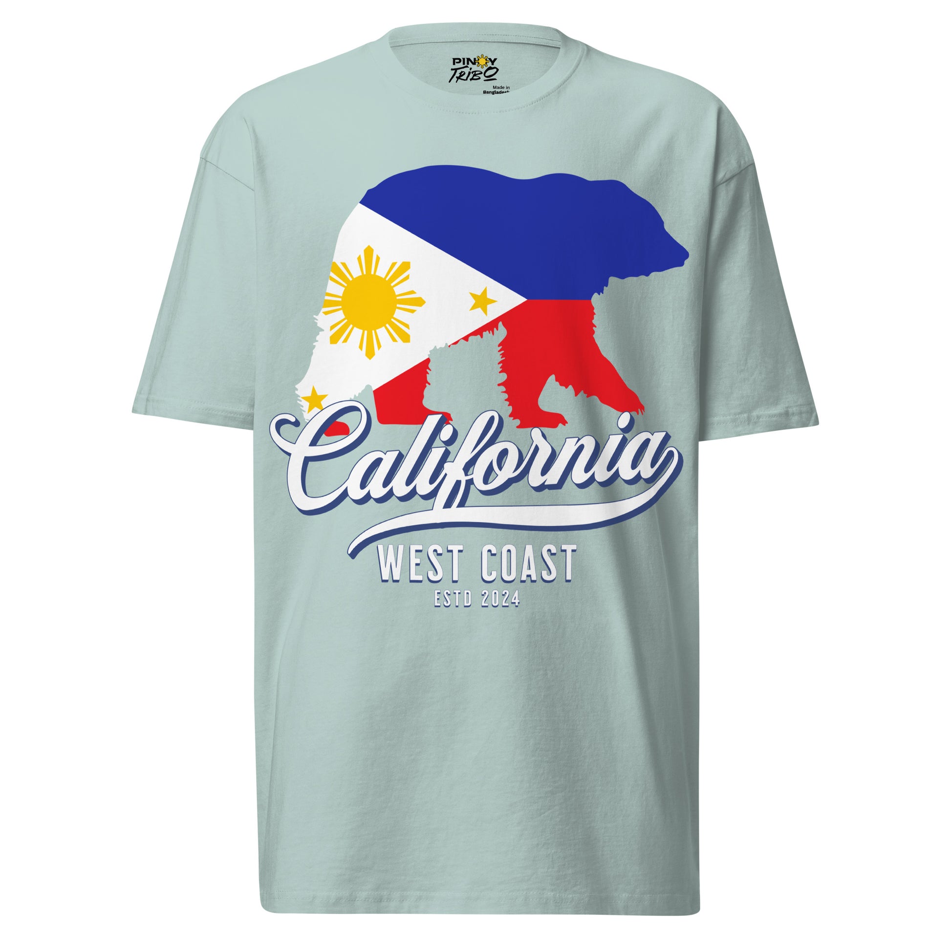California West Coast Filipino Streetwear Graphic Tee featuring a bear silhouette filled with the Philippine flag colors, blending Pinoy pride with West Coast culture.