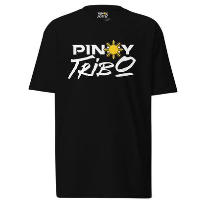 Pinoy Tribo logo design featuring bold white text with a yellow sun symbol inspired by the Philippine flag, perfect for Filipino streetwear and cultural representation.