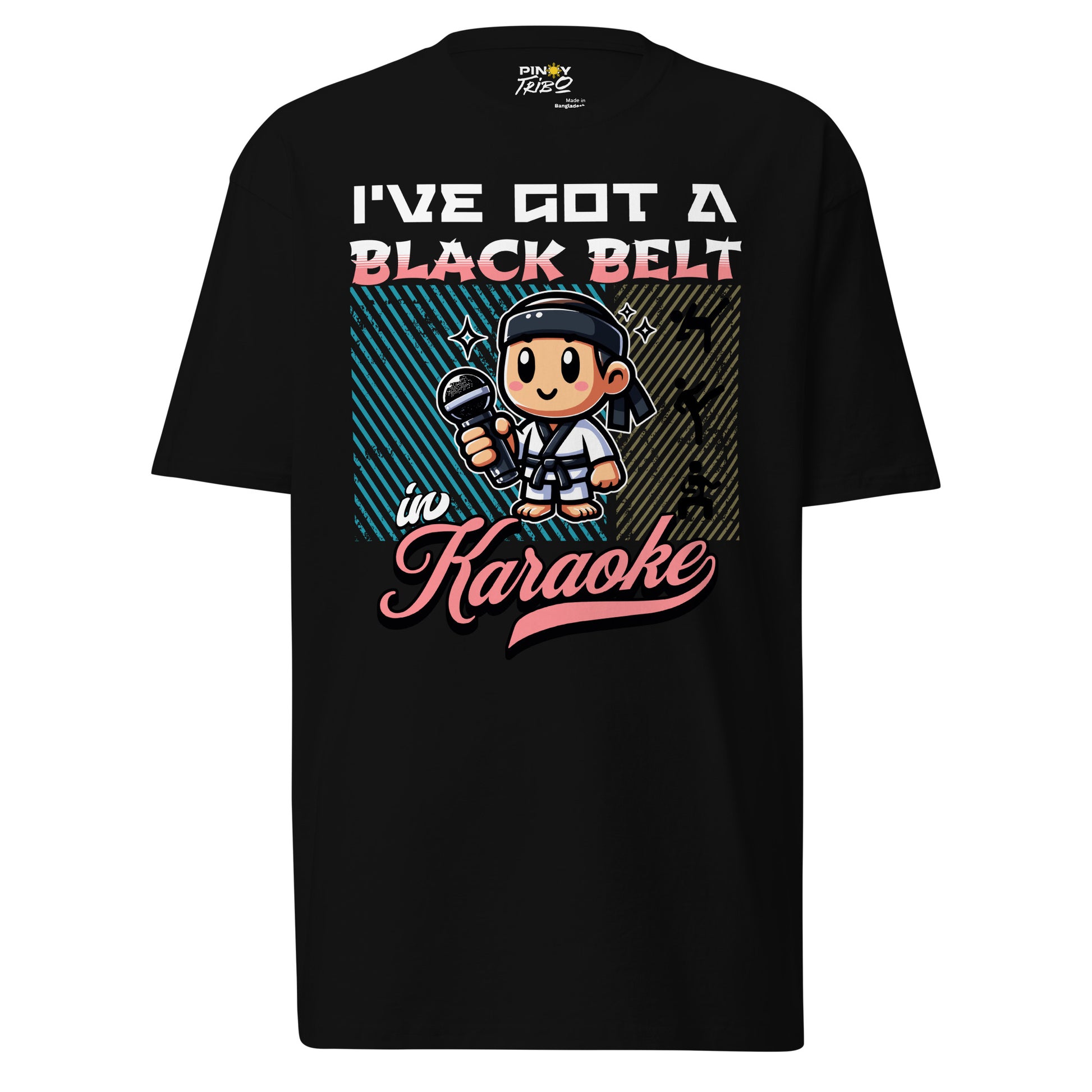 Black Belt in Karaoke Filipino Streetwear Graphic Tee featuring a humorous martial-arts-themed cartoon character holding a microphone, perfect for karaoke-loving Pinoys.