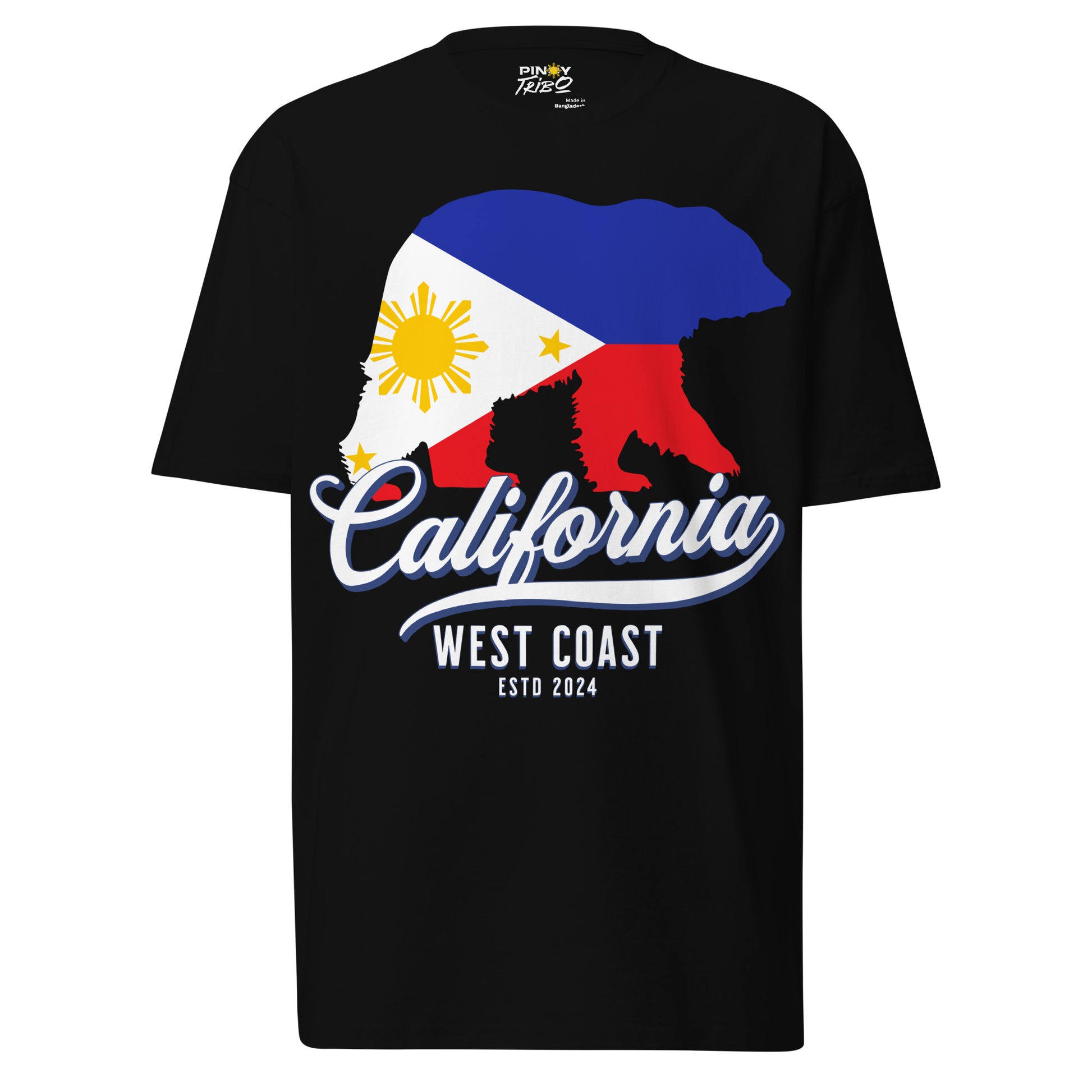 California West Coast Filipino Streetwear Graphic Tee featuring a bear silhouette filled with the Philippine flag colors, blending Pinoy pride with West Coast culture.