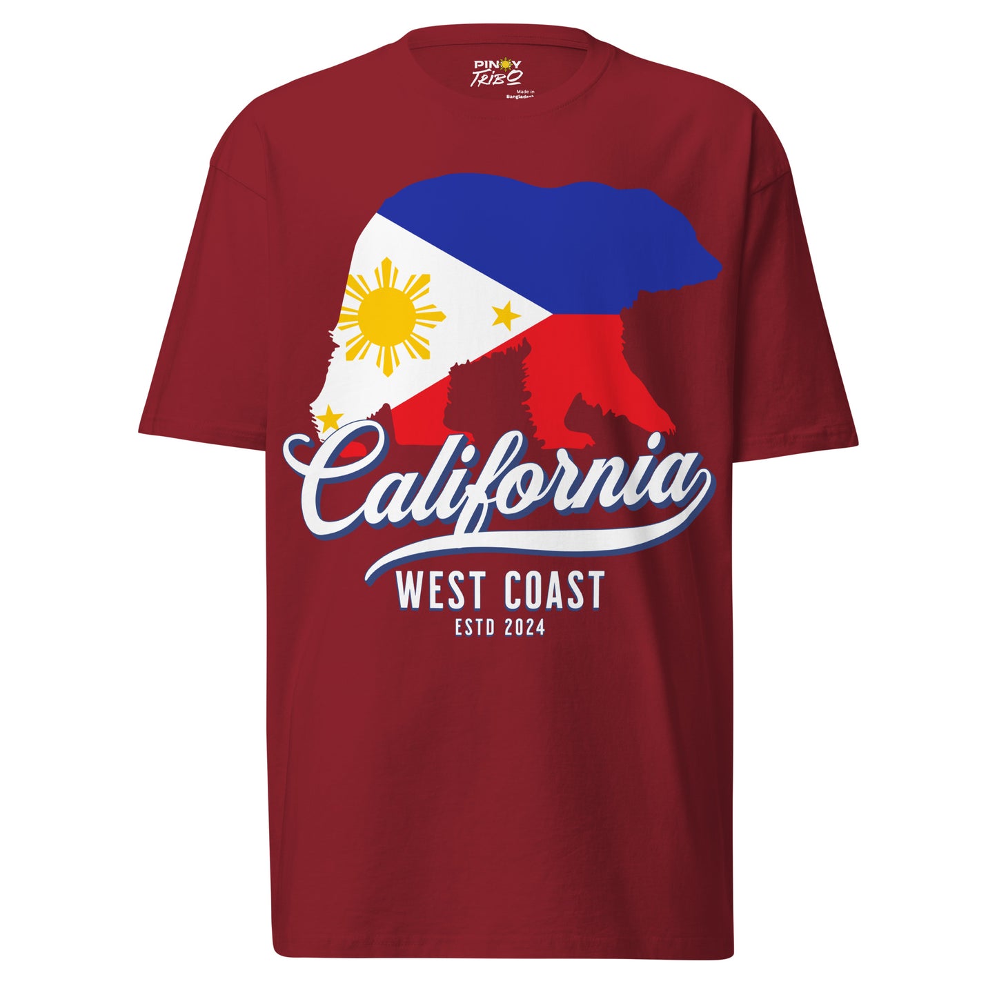 California West Coast Filipino Streetwear Graphic Tee featuring a bear silhouette filled with the Philippine flag colors, blending Pinoy pride with West Coast culture.