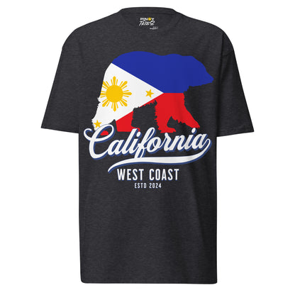 California West Coast Filipino Streetwear Graphic Tee featuring a bear silhouette filled with the Philippine flag colors, blending Pinoy pride with West Coast culture.