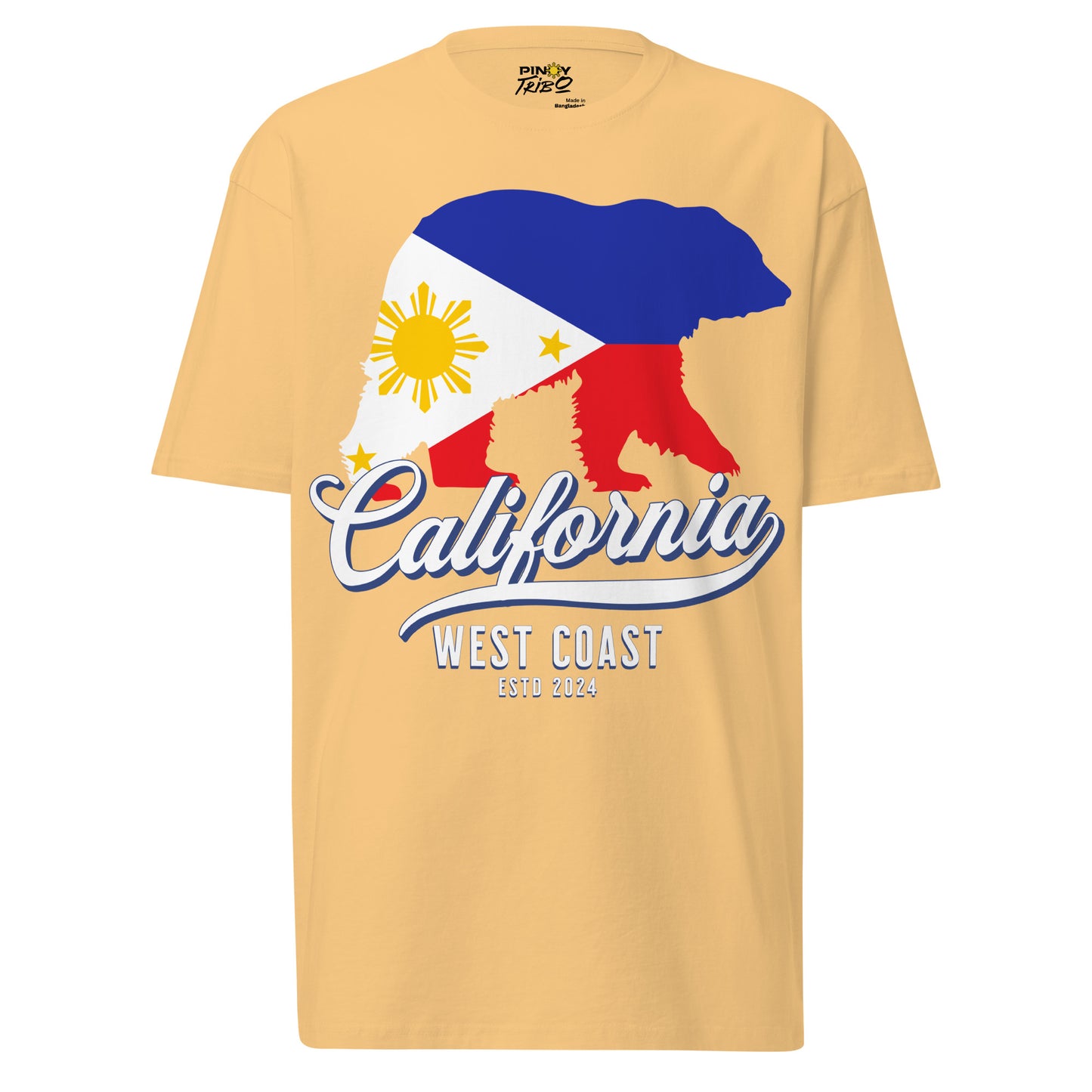 California West Coast Filipino Streetwear Graphic Tee featuring a bear silhouette filled with the Philippine flag colors, blending Pinoy pride with West Coast culture.