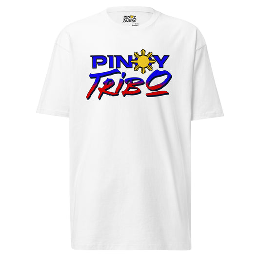 Pinoy Tribo Tricolor Logo design featuring bold blue, red, and yellow elements inspired by the Philippine flag on a black background, perfect for Filipino streetwear and cultural representation.