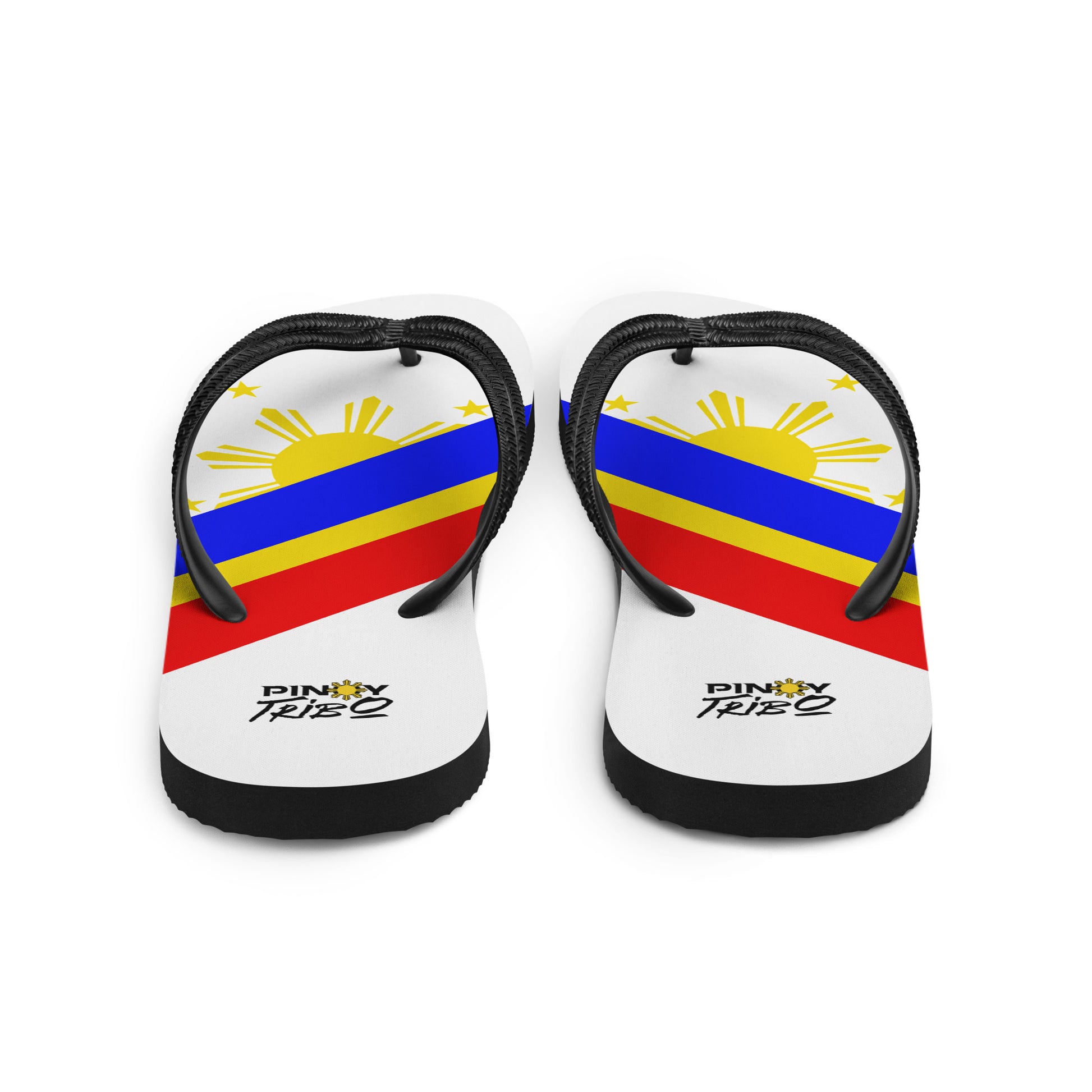 Flip flops featuring a bold Philippine flag-inspired design with diagonal blue, red, and yellow stripes, black straps, and the PINOY TRIBO™ logo printed at the heel.