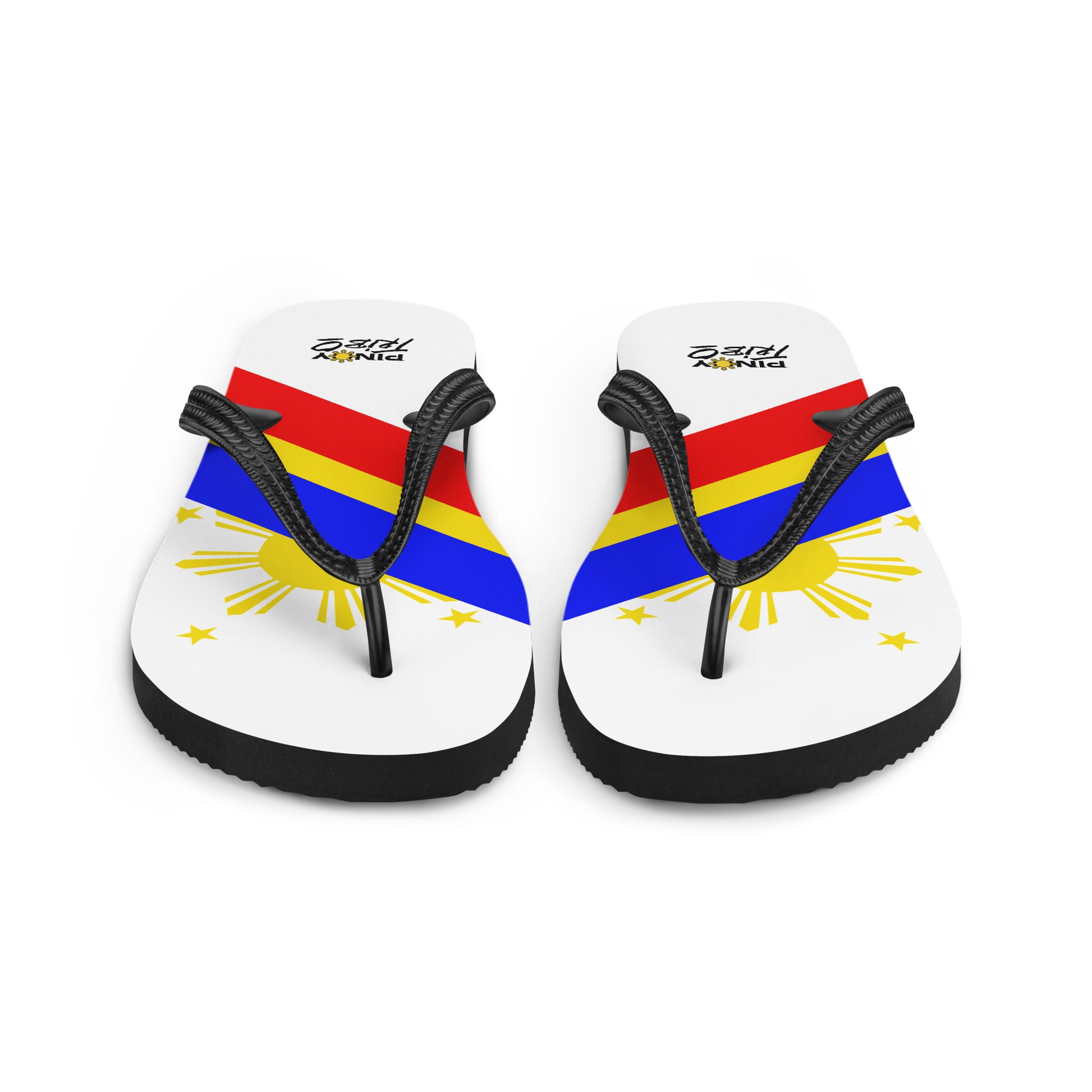 Flip flops featuring a bold Philippine flag-inspired design with diagonal blue, red, and yellow stripes, black straps, and the PINOY TRIBO™ logo printed at the heel.