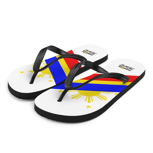 Flip flops featuring a bold Philippine flag-inspired design with diagonal blue, red, and yellow stripes, black straps, and the PINOY TRIBO™ logo printed at the heel.