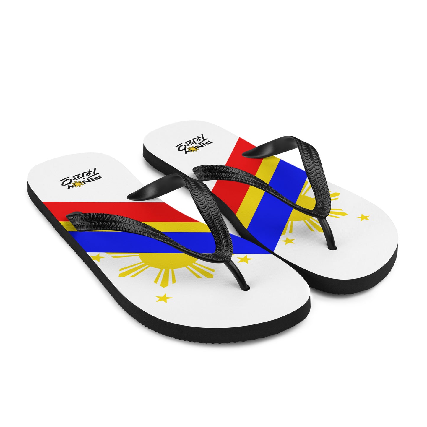 Flip flops featuring a bold Philippine flag-inspired design with diagonal blue, red, and yellow stripes, black straps, and the PINOY TRIBO™ logo printed at the heel.