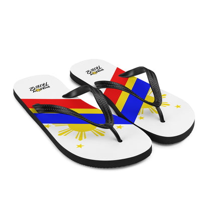 Flip flops featuring a bold Philippine flag-inspired design with diagonal blue, red, and yellow stripes, black straps, and the PINOY TRIBO™ logo printed at the heel.