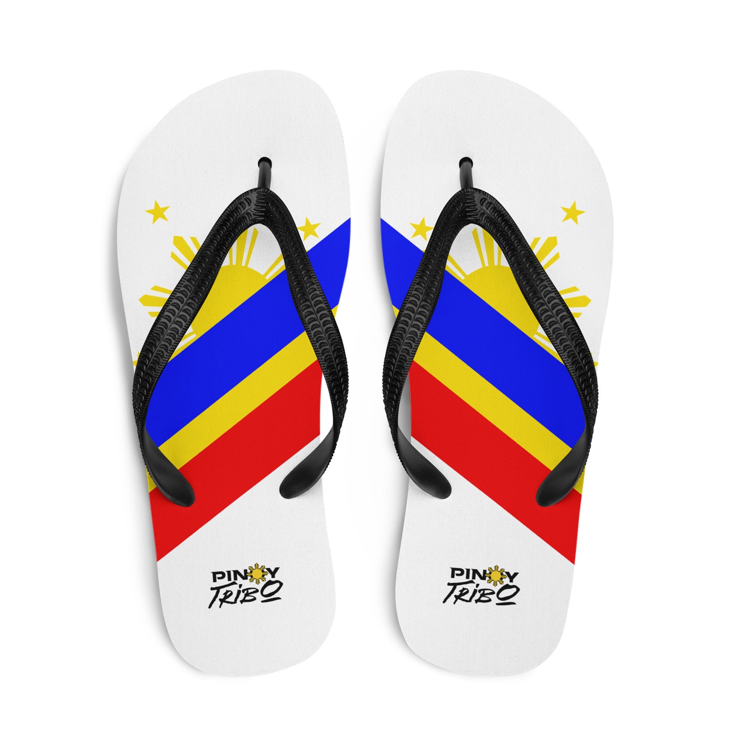 Flip flops featuring a bold Philippine flag-inspired design with diagonal blue, red, and yellow stripes, black straps, and the PINOY TRIBO™ logo printed at the heel.