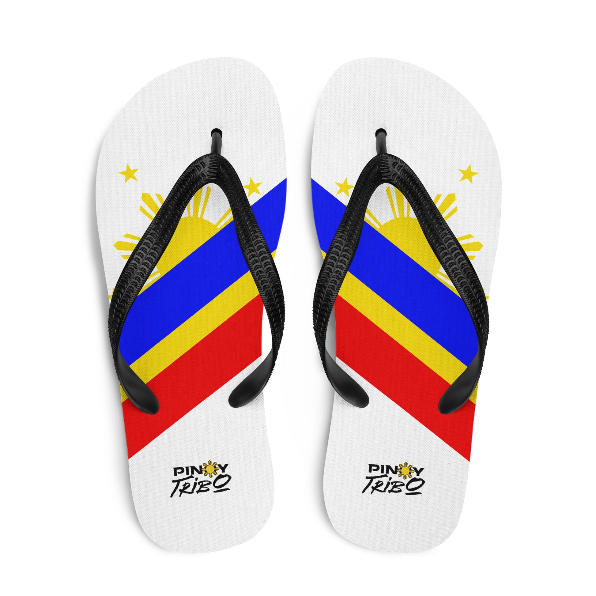 Flip flops featuring a bold Philippine flag-inspired design with diagonal blue, red, and yellow stripes, black straps, and the PINOY TRIBO™ logo printed at the heel.