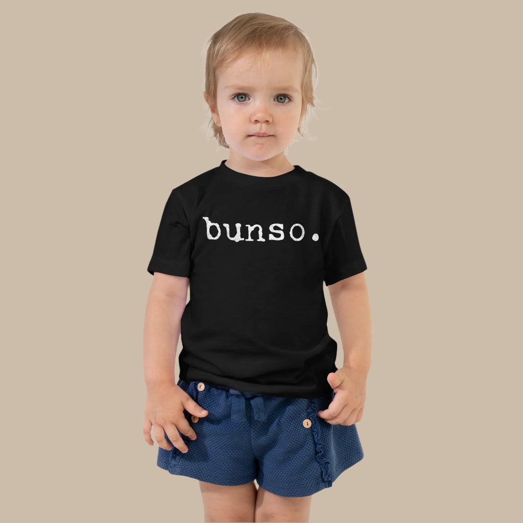 Toddler tee with white typewriter-style text that reads “bunso.” representing the Filipino term for the youngest sibling.