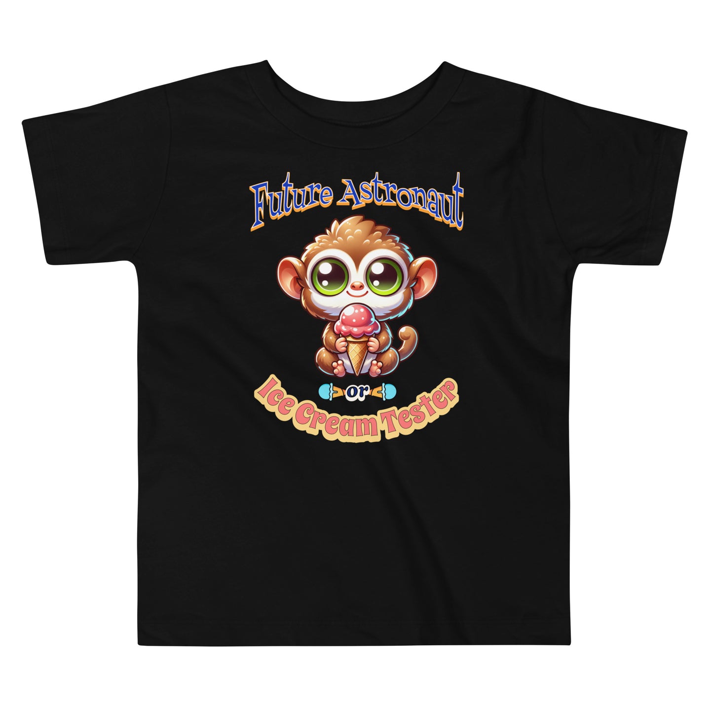 Toddler tee design featuring a cartoon tarsier holding an ice cream cone with playful text that reads “Future Astronaut or Ice Cream Tester,” celebrating Filipino culture and childhood imagination.