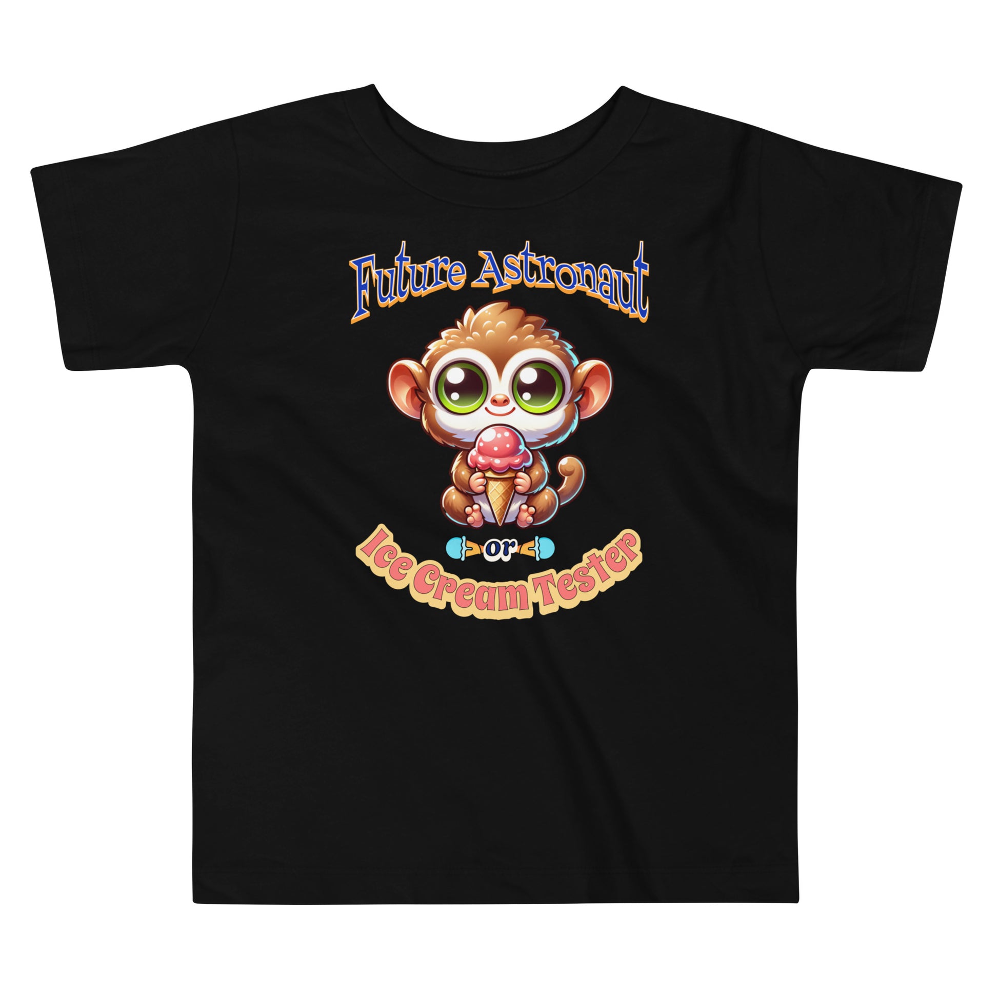 Toddler tee design featuring a cartoon tarsier holding an ice cream cone with playful text that reads “Future Astronaut or Ice Cream Tester,” celebrating Filipino culture and childhood imagination.