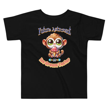 Toddler tee design featuring a cartoon tarsier holding an ice cream cone with playful text that reads “Future Astronaut or Ice Cream Tester,” celebrating Filipino culture and childhood imagination.