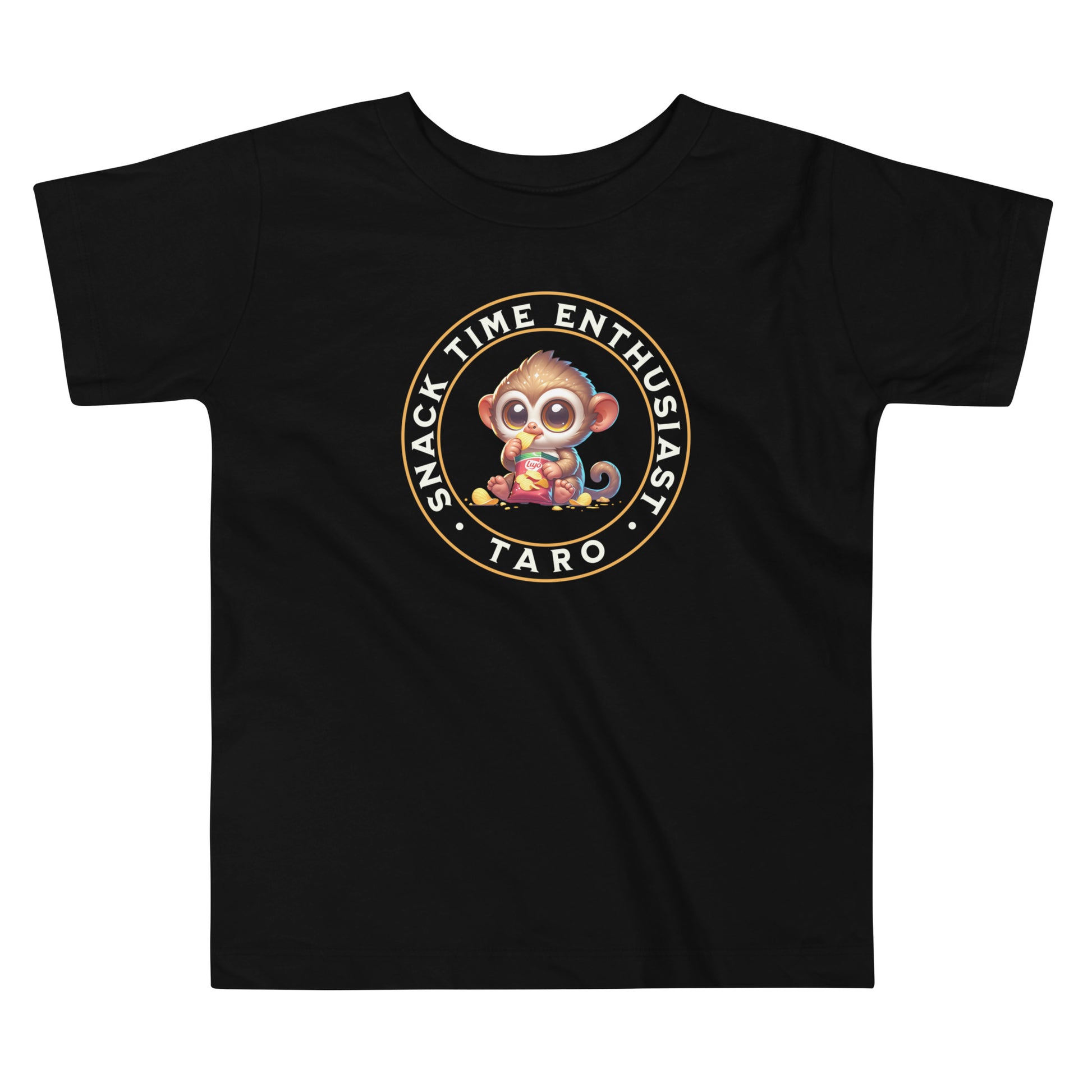 Toddler tee design featuring a cartoon tarsier named Taro eating chips from a bag with the words “Snack Time Enthusiast” in a circular badge-style layout.