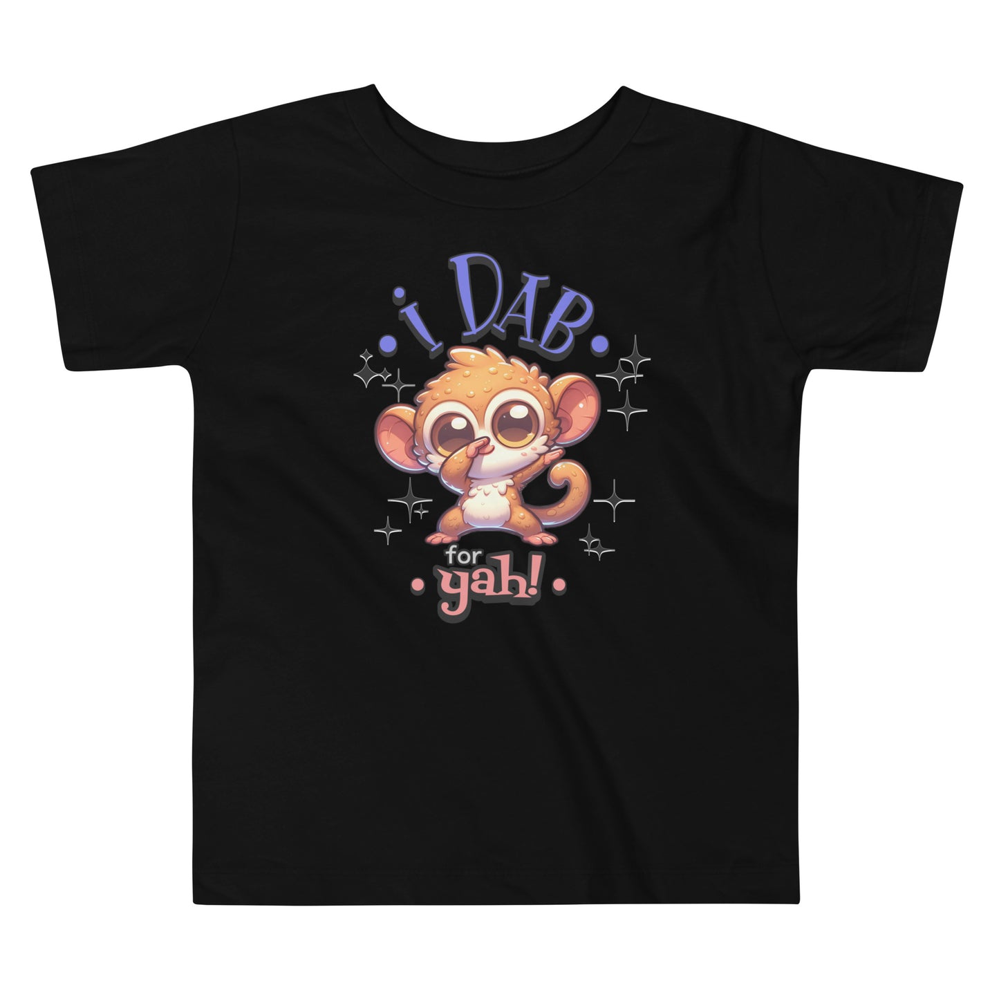 Toddler tee design featuring a cartoon tarsier dabbing with the playful text “I Dab for Yah!” surrounded by sparkles, blending humor and Filipino charm.