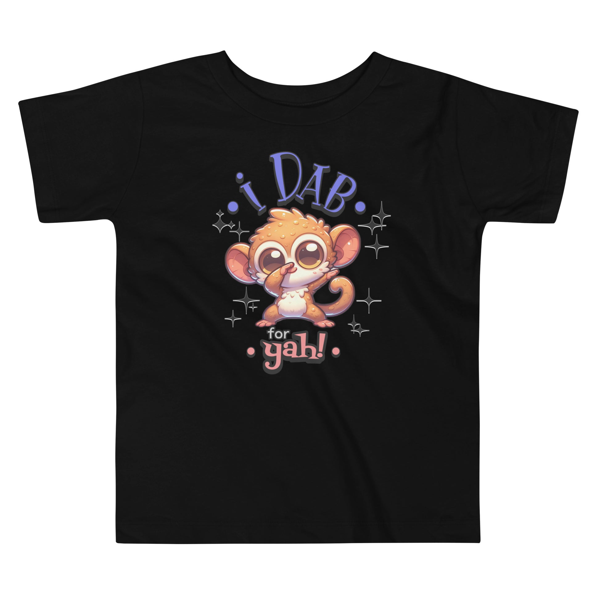 Toddler tee design featuring a cartoon tarsier dabbing with the playful text “I Dab for Yah!” surrounded by sparkles, blending humor and Filipino charm.