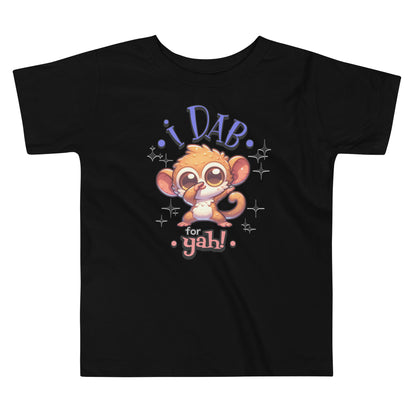 Toddler tee design featuring a cartoon tarsier dabbing with the playful text “I Dab for Yah!” surrounded by sparkles, blending humor and Filipino charm.