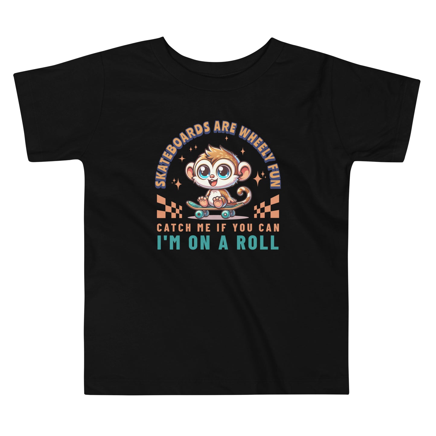 Toddler tee design featuring a cartoon tarsier riding a skateboard with playful text that reads “Skateboards Are Wheely Fun” and “Catch Me If You Can, I'm On a Roll,” celebrating Filipino culture and youthful energy.