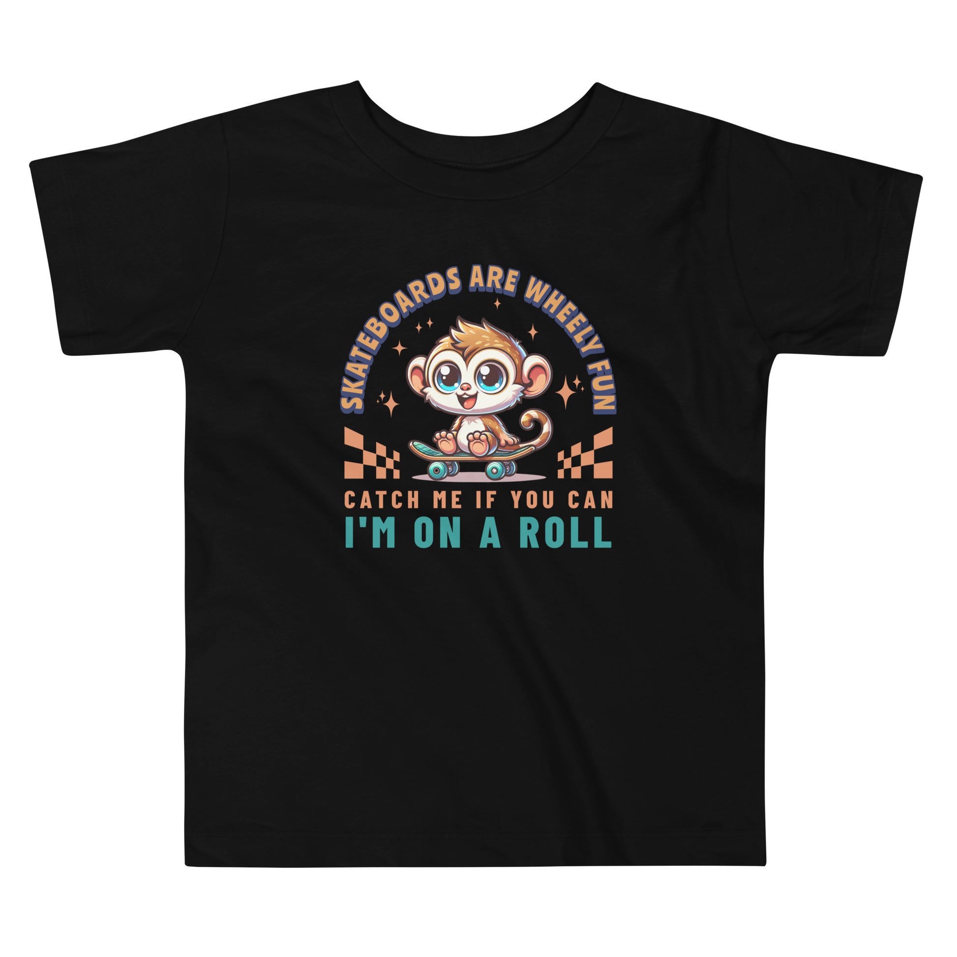 Toddler tee design featuring a cartoon tarsier riding a skateboard with playful text that reads “Skateboards Are Wheely Fun” and “Catch Me If You Can, I'm On a Roll,” celebrating Filipino culture and youthful energy.