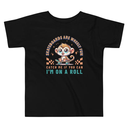 Toddler tee design featuring a cartoon tarsier riding a skateboard with playful text that reads “Skateboards Are Wheely Fun” and “Catch Me If You Can, I'm On a Roll,” celebrating Filipino culture and youthful energy.