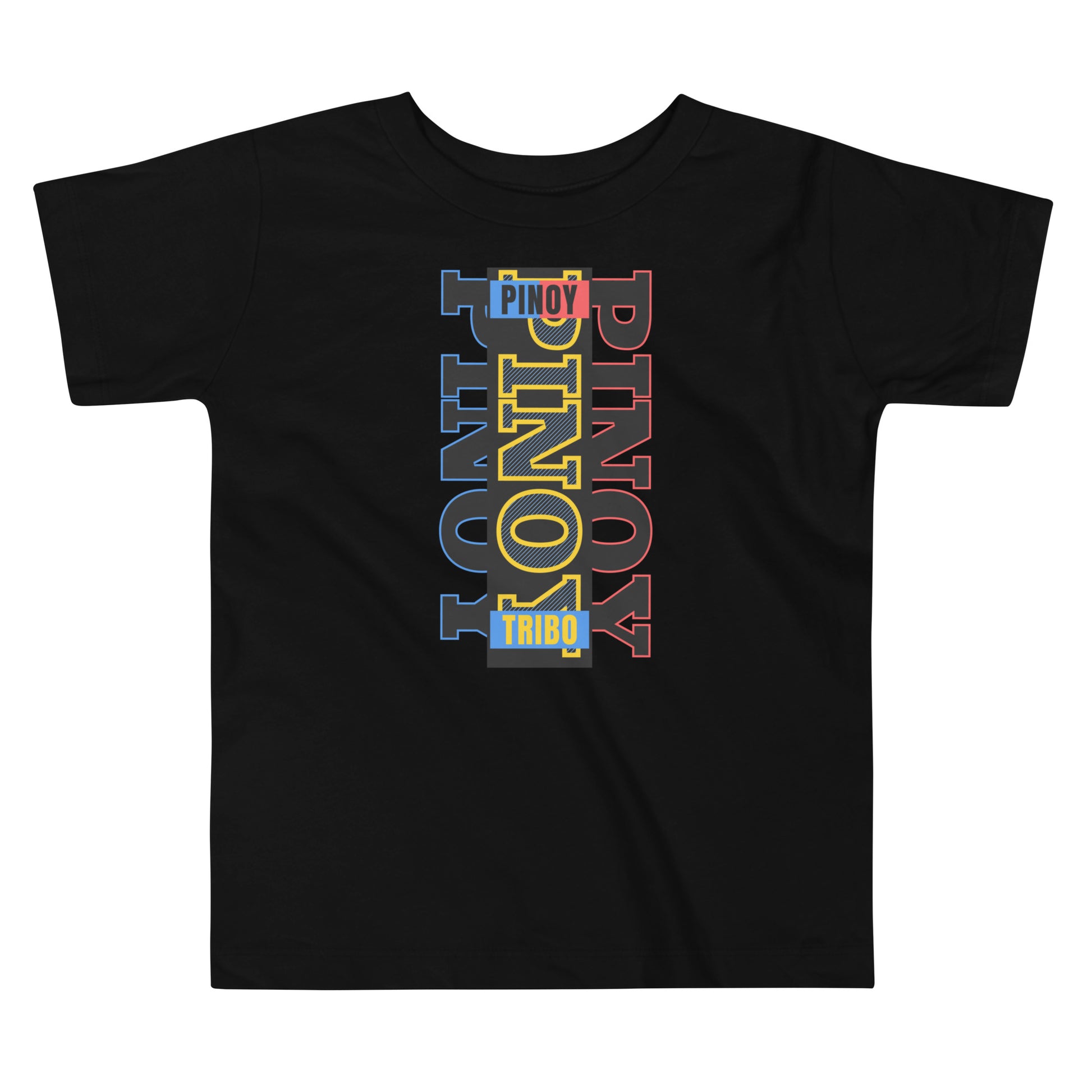 Toddler tee design with bold vertical text spelling “PINOY” in red, yellow, and blue with block-style accents, inspired by the Philippine flag.