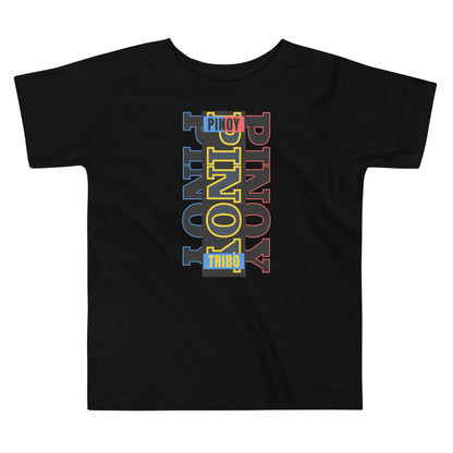 Toddler tee design with bold vertical text spelling “PINOY” in red, yellow, and blue with block-style accents, inspired by the Philippine flag.